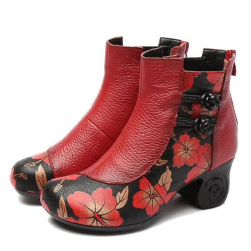 

2018 New Autumn Winter Retro Printing Cowhide Leather Shoes Woman Boots Fashion Shoes Thick Heel Warm Comfortable Ankle Boots