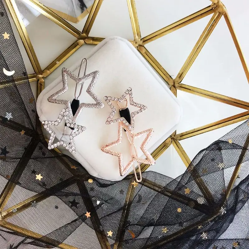 Creative Women Metal Alloy Hair Clips Hollow Out Five-Pointed Stars Sweet Girls Hairgrips Glitter Rhinestone Electroplating Text Creative Women Metal Alloy Hair Clips Hollow Out Five-Pointed Stars Sweet Girls Hairgrips Glitter Rhinestone Electroplating Text