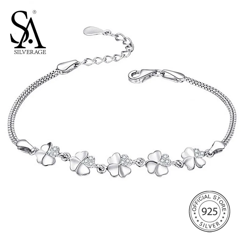 SA SILVERAGE браслеты из стерлингового серебра 925 пробы с кубическим цирконием для женщин ювелирные изделия Модные вечерние браслет с клевером