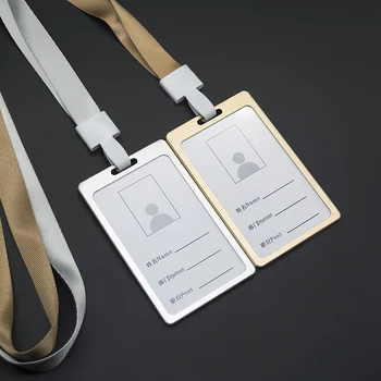 

10pcs/lot Vertical Alloy Metal ID Badge Holder Double Sided Name Card Case With Neck Lanyard School Office Supplies