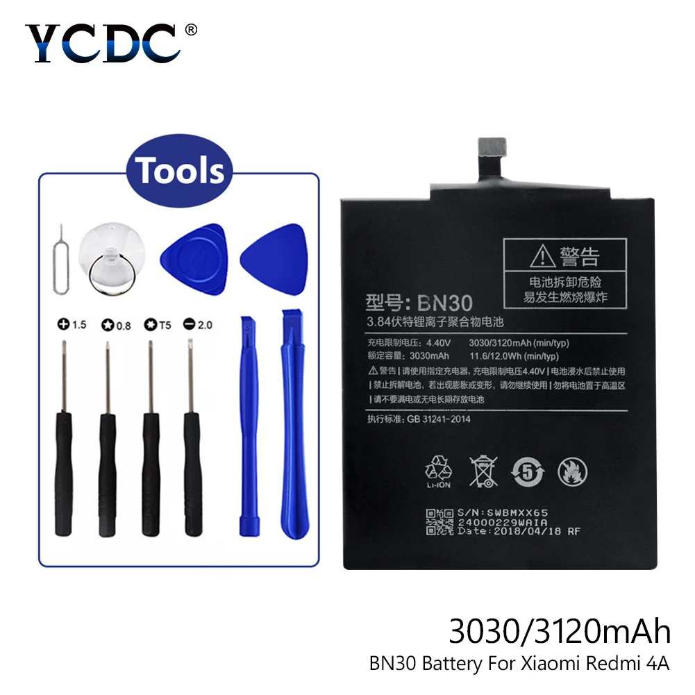 

Rechargeable Phone Battery BN30 BN-30 BN 30 For Xiaomi Redmi 4A Phone Replacement 3.84V 3120mAh+Repair Tools