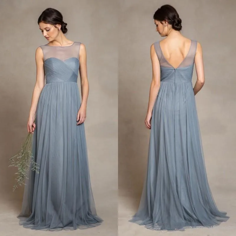 

2019 Tull Elegant Dusty Blue Tulle Bridesmaid Dresses Illusion Bateau Neckline Pleats Bodice A Line Floor Length