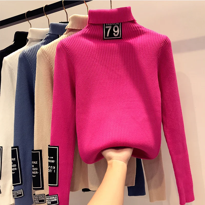 

Turtleneck Collar Sweater Digital Pattern Knitwear Woman 2019 Spring Winter New Chic Sweater Shirt Basic Tops Body Sweaters