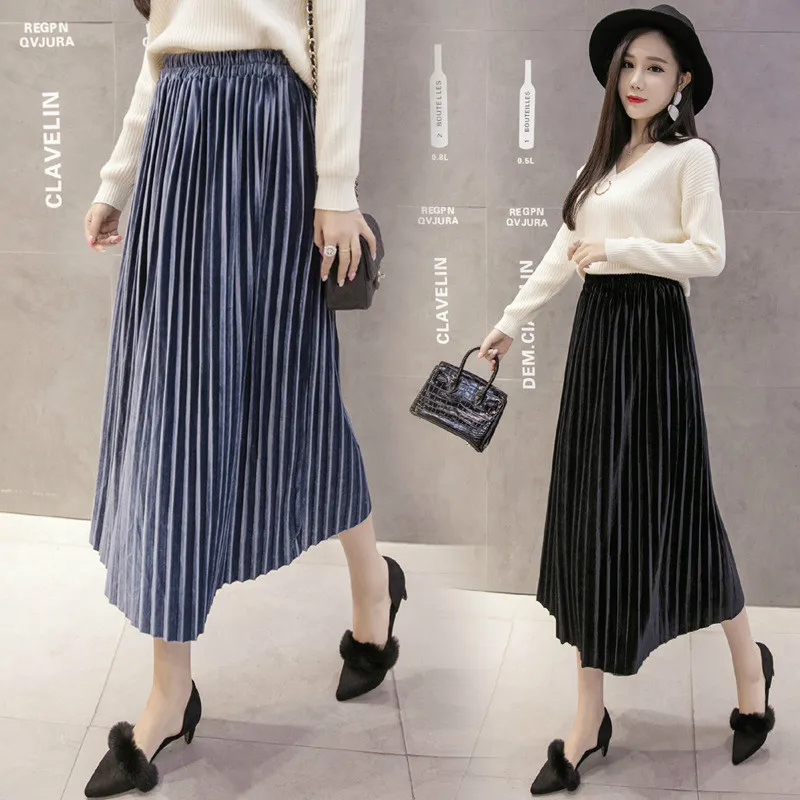 

Autumn Winter Women Fashion Skirt High Waist Solid Velvet Pleated Skirts Elastic Waist Spring Long Skirt Loose Swing Skirts