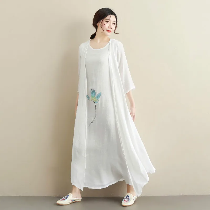 

2019 Summer New Women Dress Chinese Literary Style False Two Pieces Cloak Female Longuette Three Quarter Sleeve D904