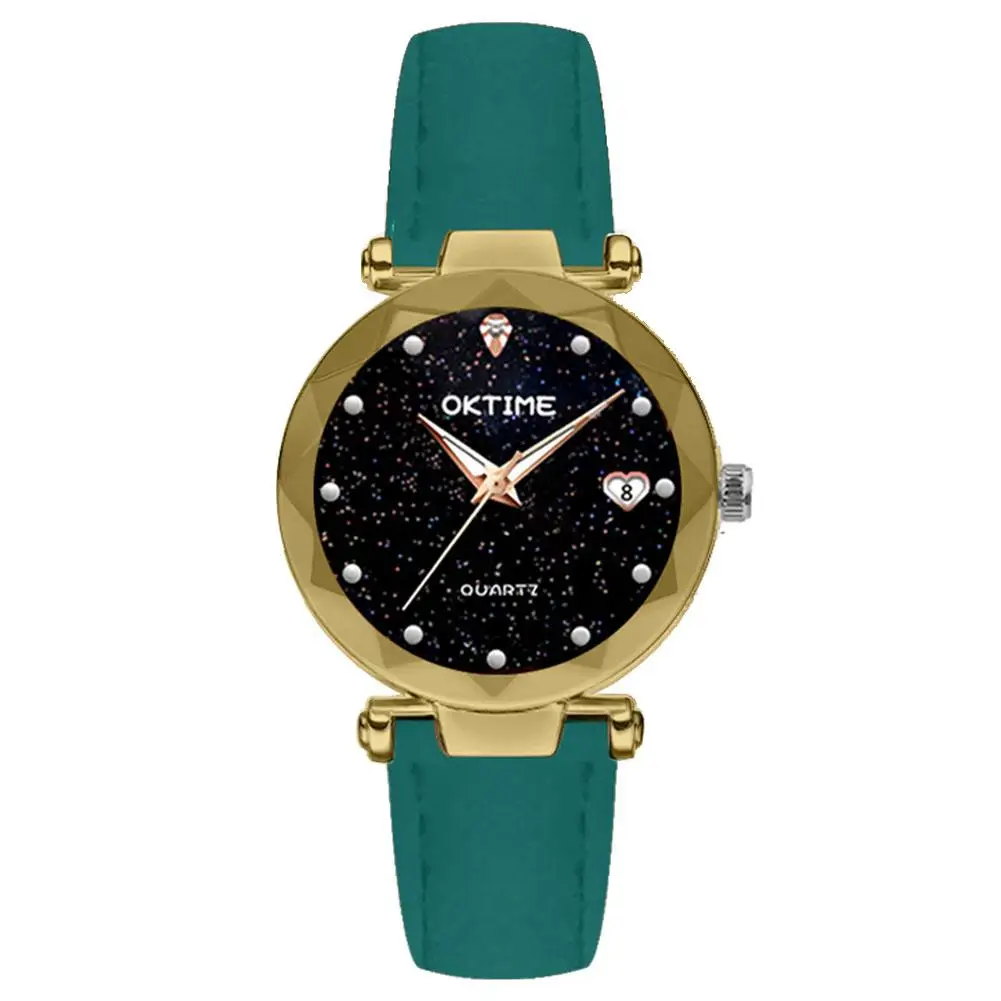 

New Starry Sky Rhinestone Heart Calendar Faux Leather Band Women Quartz Watch