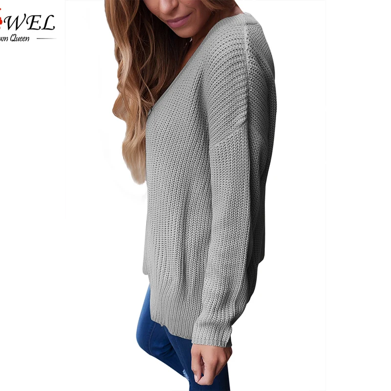 Gray-Sexy-V-Neck-Lace-up-Front-Sweater-LC27738-11-3 