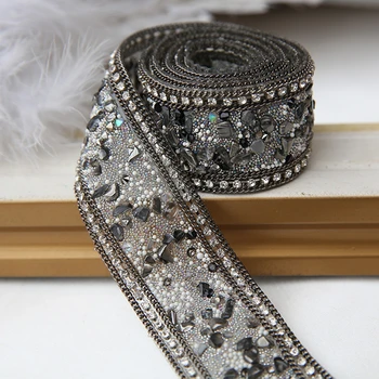 

1 Piece black iron on chain lace trim for DIY garment iron on beads patch for DIY wedding dress shoes DIY high-grade accessories