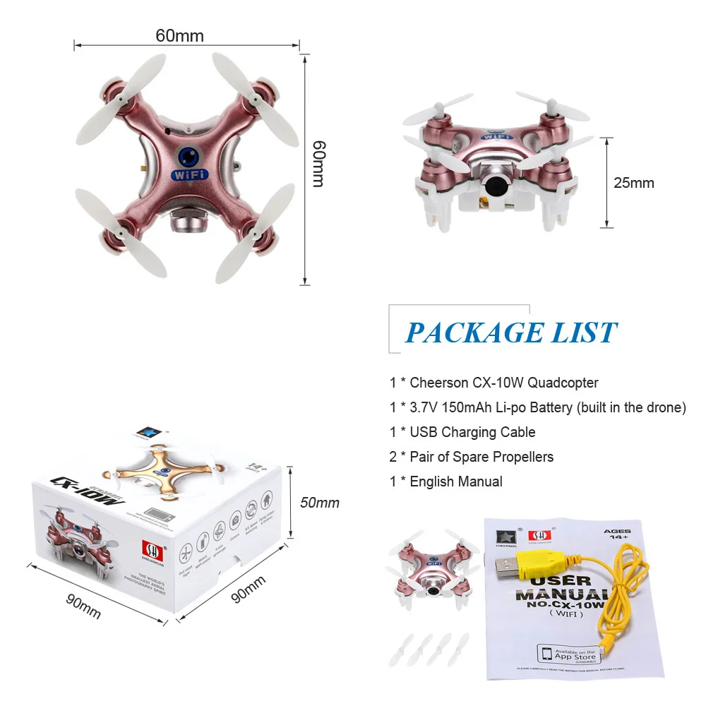 Cheerson CX-10W 4CH 6-Axis Gyro Wifi FPV Дрон RTF мини-Квадрокоптер с дистанционным управлением с 0.3MP Камера Карманный беспилотный Радиоуправляемый летательный аппарат