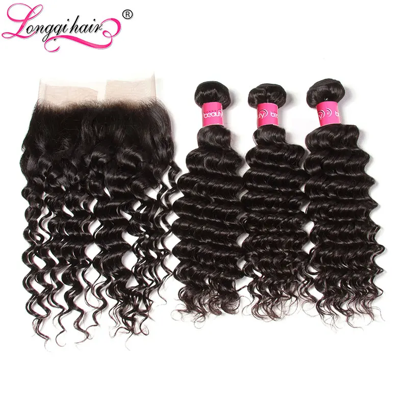 

Longqi Hair Brazilian Deep Wave Bundles with Frontal 13x4 Ear to Ear Lace Frontal Remy Hair Extensions 3 Bundles with Frontal