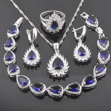 925 Серебряный свадебный ювелирный набор, голубой кубический цирконий, капля воды для женщин, кулон/ожерелье/кольцо/серьги/браслет, набор QS0394