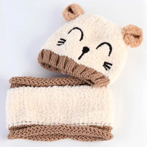 Зимний детский набор из шапки и шарфа в стиле кошки для мальчиков и девочек, шапка с круглым вырезом для младенцев, малышей, детей от 6 до 24 месяцев - Цвет: Beige