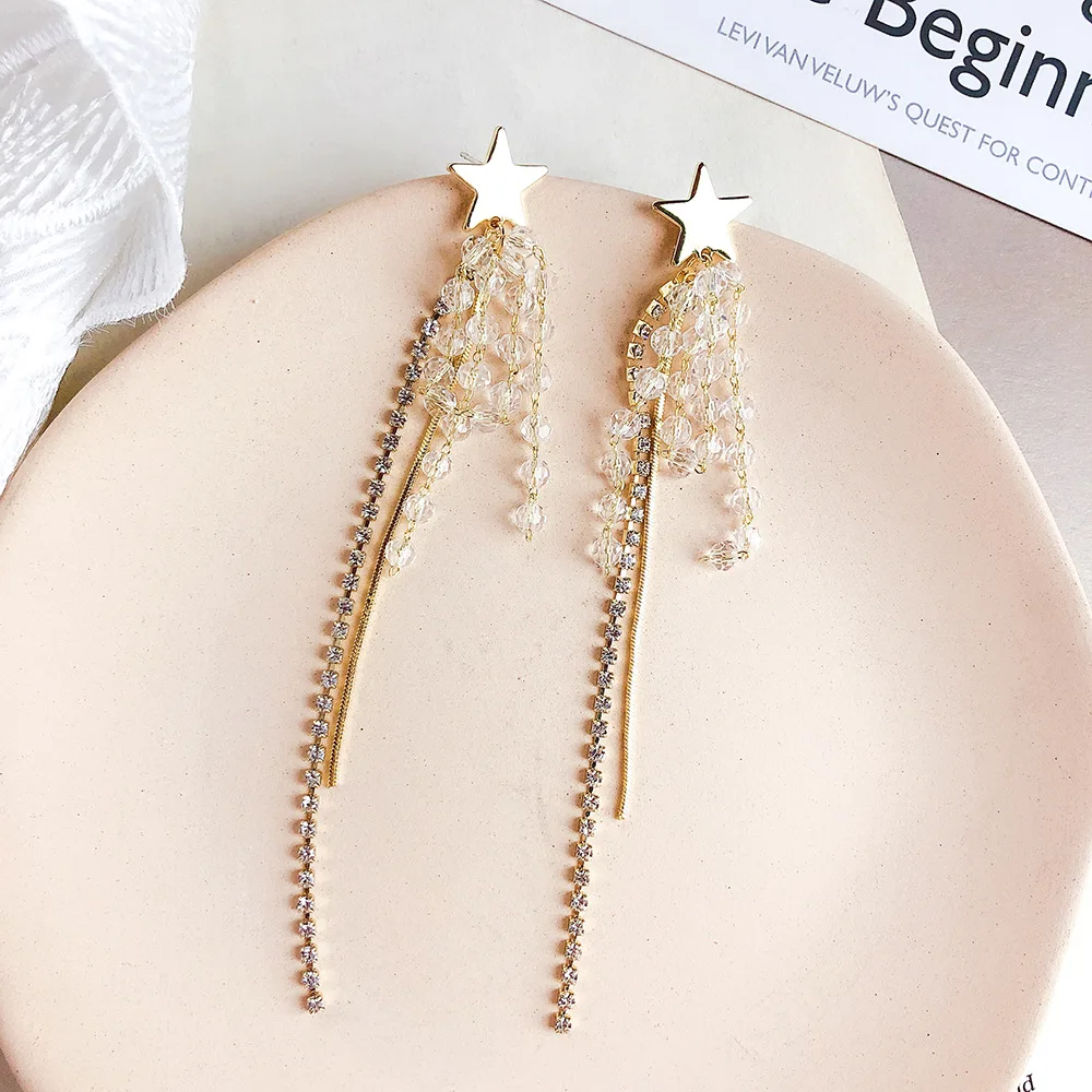 

2019 European American Fashion Pentagon Long tassel Crystal Earrings New Tide Star Individual Female Earrings for women