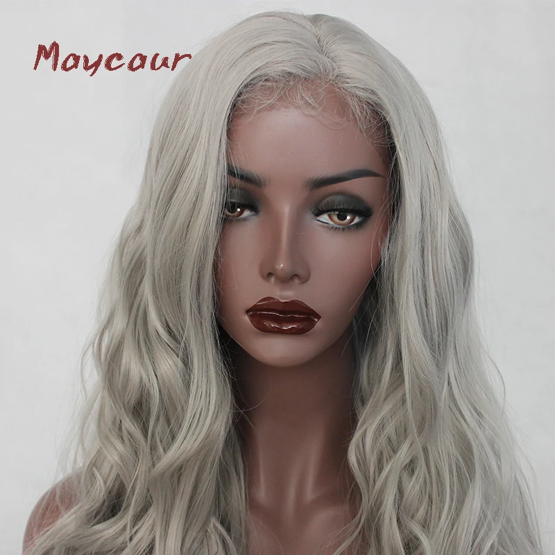 Grey Long Wavy Synthetic Lace Front Wig Glueless Heat Resistant Natural