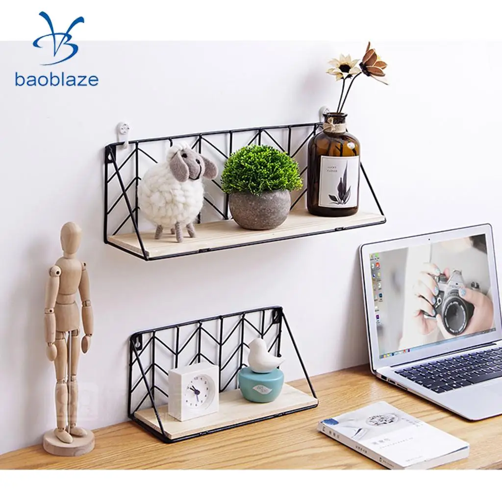 Iron Wall Hanging Storage Organizer with Pine Wood Board Plants Holder for Bedroom, Living Room, Bathroom, Kitchen, Office