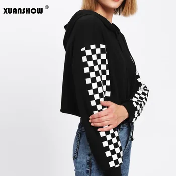 

XUANSHOW Crop Top Long Sleeve White Plaid Side Women's Hooded Sweatshirt 2018 Autumn New Arrival Short Pullovers Hoodies Moletom