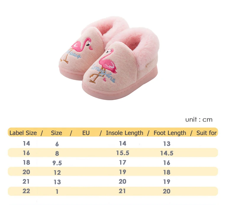 Детские теплые зимние тапочки с рисунком Фламинго; Детский плюшевый домик с мехом; обувь для маленьких мальчиков и девочек; хлопковые домашние Мягкие Шлепанцы