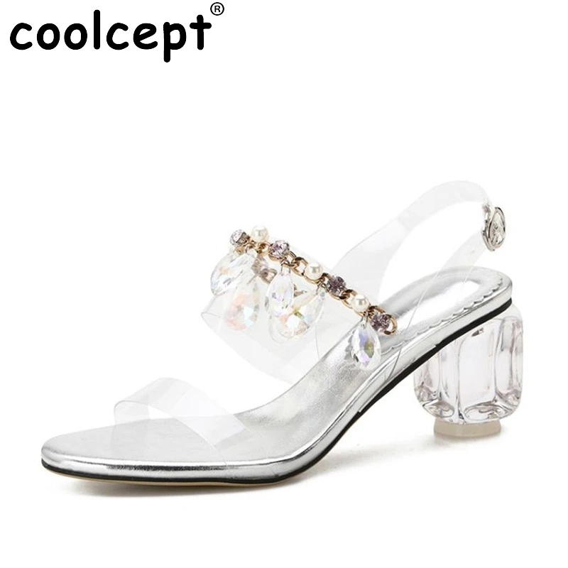 

Coolcept Fashion Women Real Genuine Leather High Heel Sandals Flower Beading Thick Heel Sandals Summer Women Shoes Size 34-39