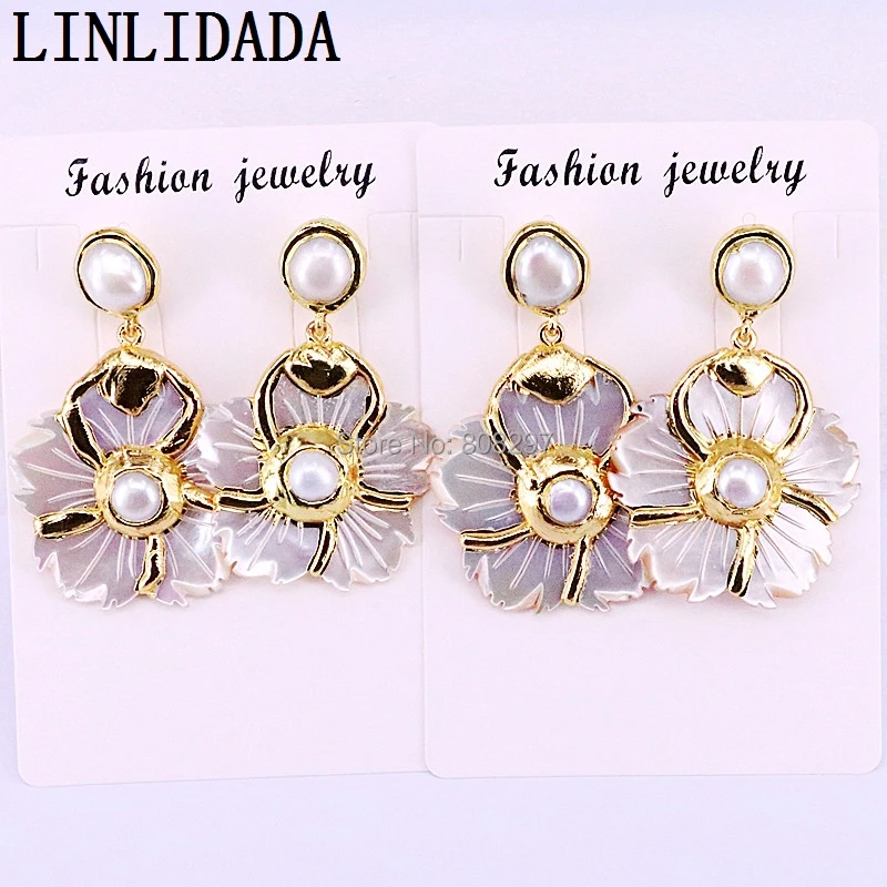

3Pair Natural Shell carved flower shape earrings with natural pearl dangle earrings Womens Wedding Earrings Gift