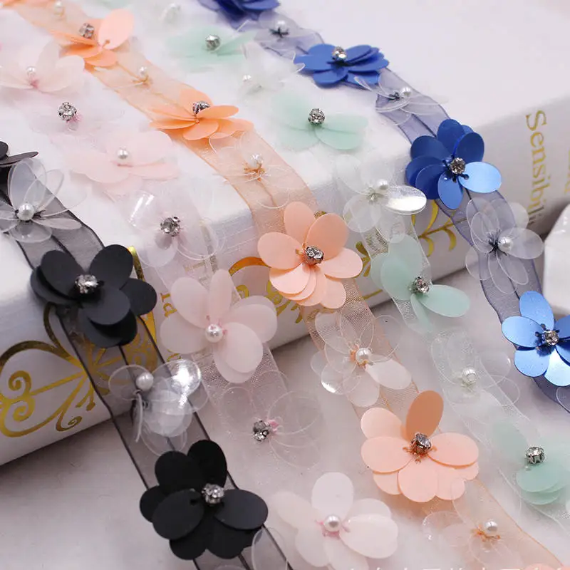 

Tulle Lace Trim Sequined Flower Ribbon Beautiful Women Dress Blouse DIY Decorations Bag Hat Embellishments 15mm 0.9m(1 Yard)