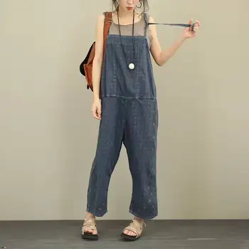 

Summer Autumn Pocket Print Overalls Plus Size Casual Loose Ankle Length Pants Women Romper Overalls