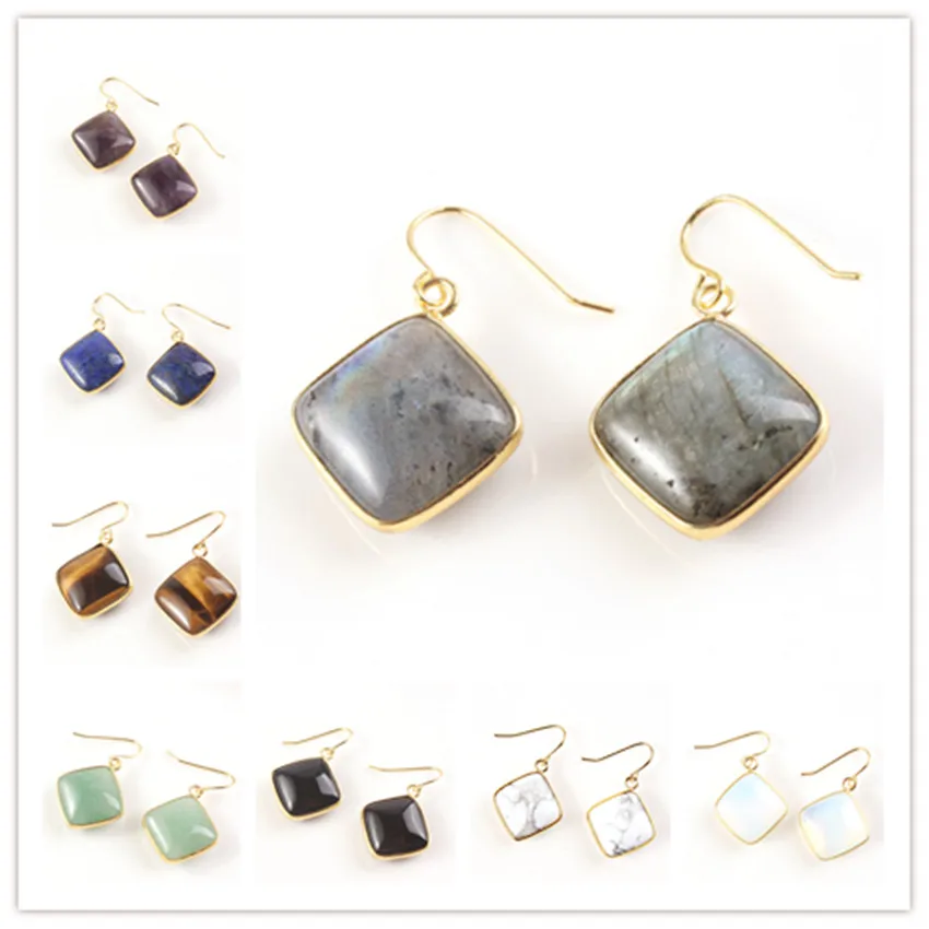 

100-Unique 1 Pair Light Yellow Gold Color Rhombus Shape Labradorite Cabochon Earrings Black Agates Jewelry