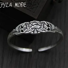 Fyla Mode Lotus Sutra 990 Silver Bracelet Antique Thai Silver Flower Carved Bangle Wholesale Bracelet Mother Day Gift 16mm 26G