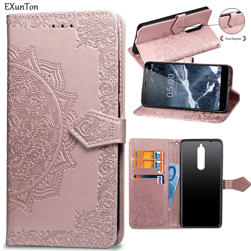 

EXUNTON For Nokia 7.1 5.1 3.1 7 Plus 7Plus Plain Wallet PU Leather Flip Phone Case For Nokia X7 X5 2018 PU Flower Cover TPU Case