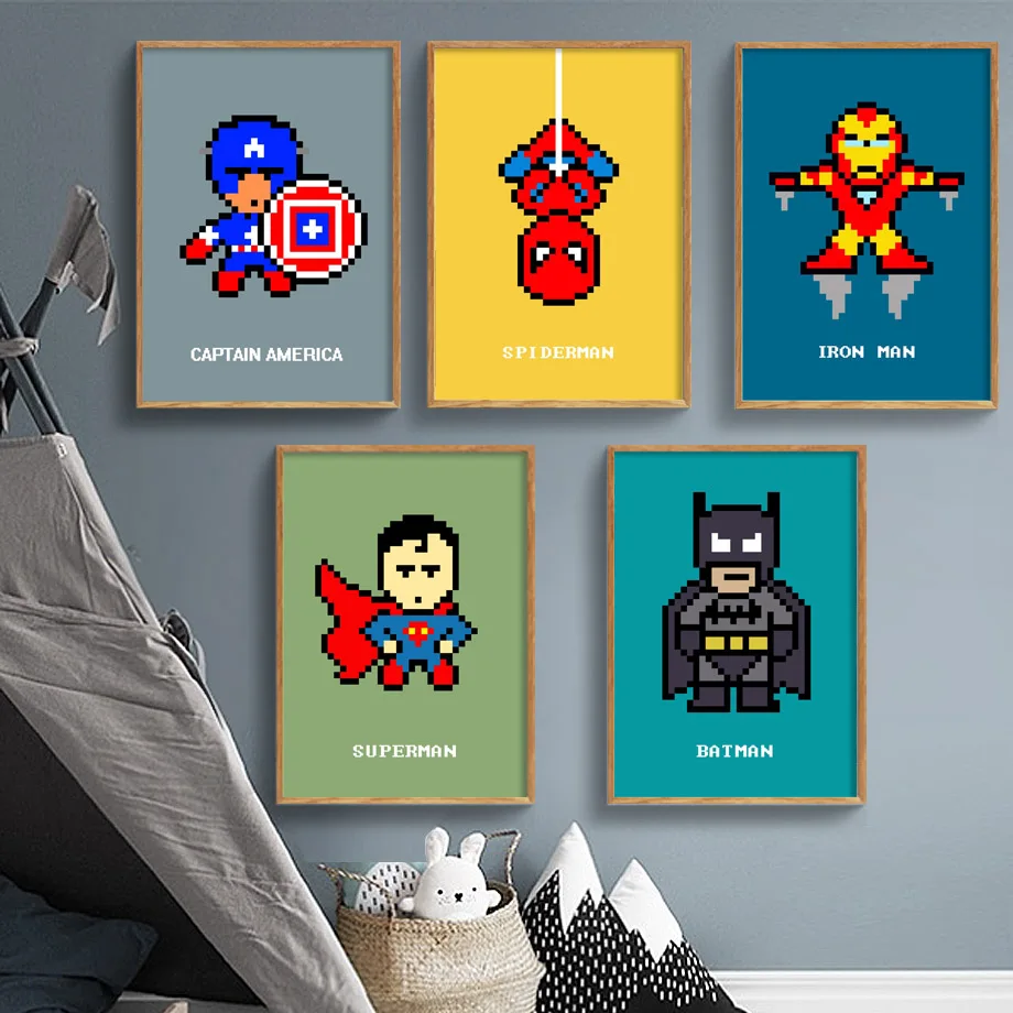 Iron Man Hulk Boys Captain America Spider Man Superman Superhero Bathroom Art Prints Qty 4 Retro Distressed Wall Art Decor Boy Batman Art Collectibles Prints Kromasolcom