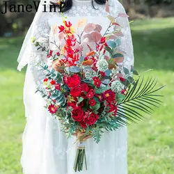 JaneVini Flores Boda Свадебный букет с красными цветами для невесты искусственная Роза Пион Западная свадебная брошь букеты с зелеными листьями 2019