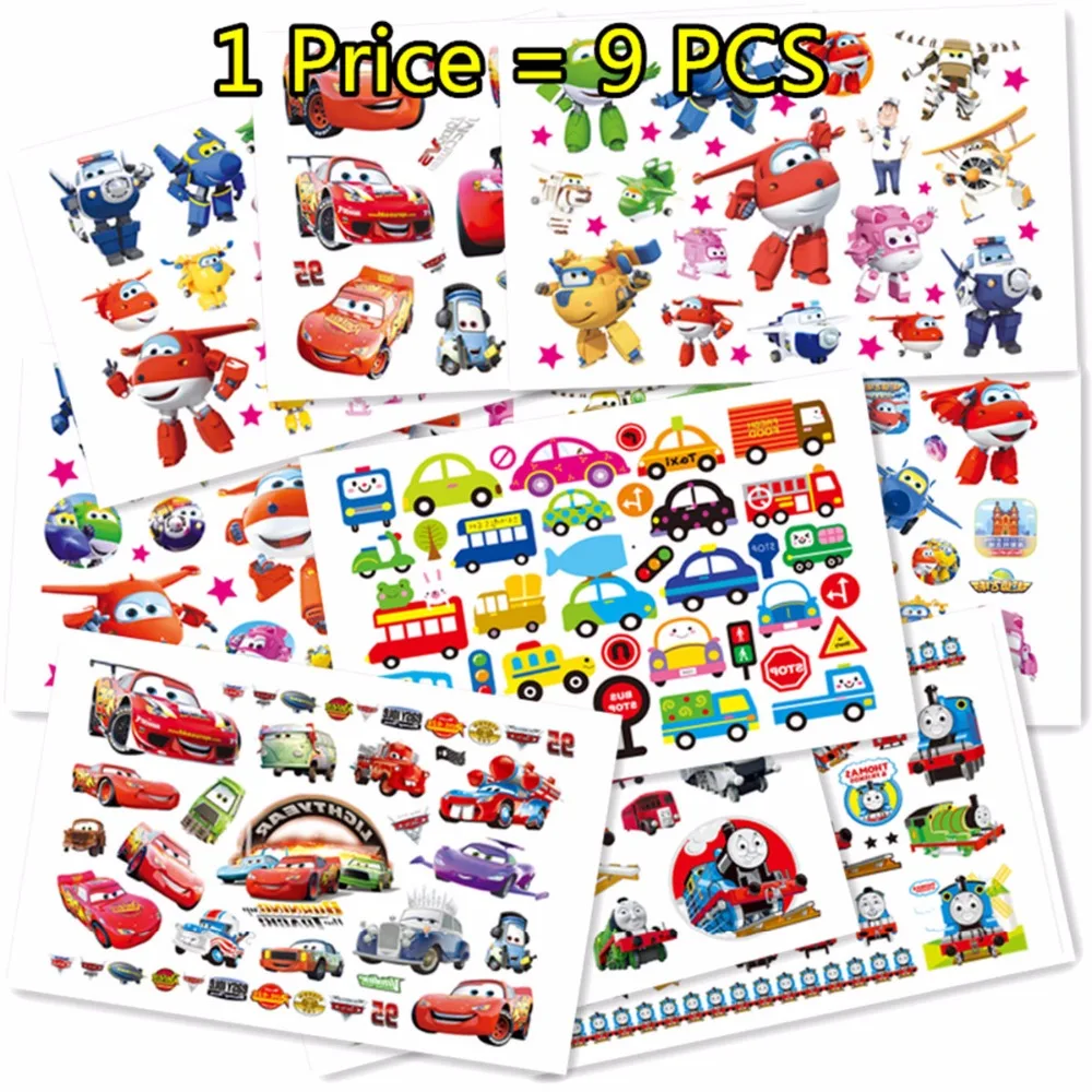

SHNAPIGN 9 pcs/lot Cartoon car airplane Temporary Body Arts, Flash Tattoo Stickers 17*10cm, Waterproof Children Loves Toy Tatoo