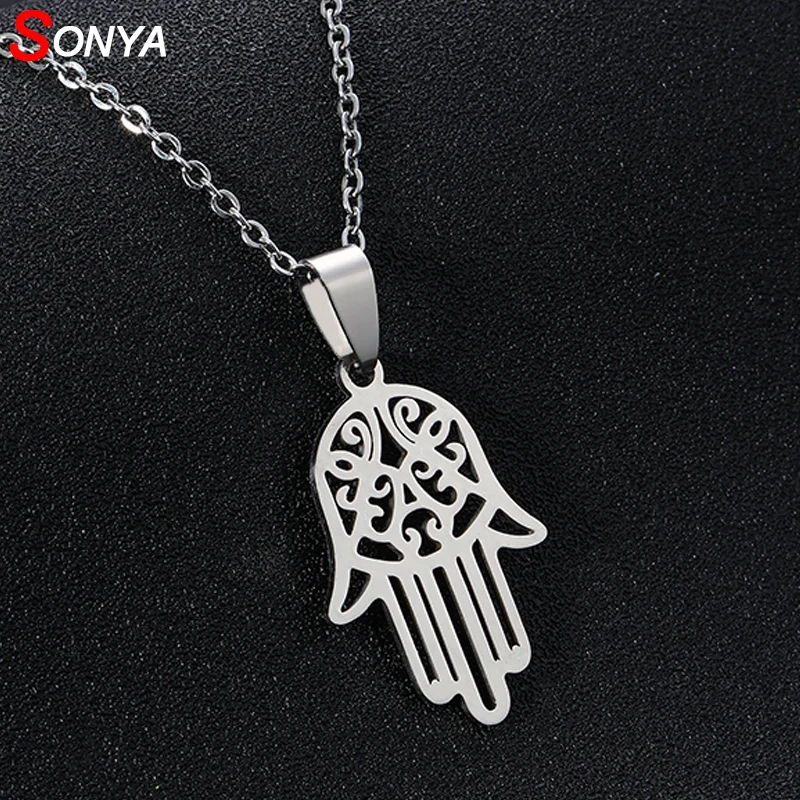 

SONYA New Stainless Steel Open Hamsa Hand Necklaces for Women Light silver Color Hamesh Hand Jewelry Hand of Fatima Pendant Arab