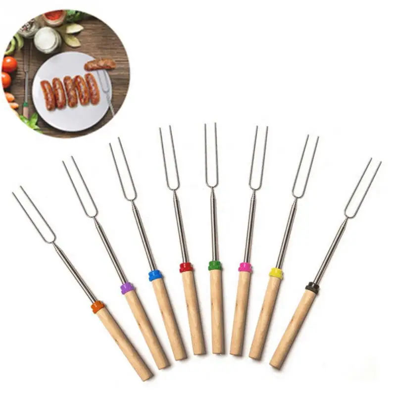 

Stretchable BBQ Forks Camping Campfire Stainless Steel Wooden Handle Telescoping Barbecue Roasting BBQ Forks
