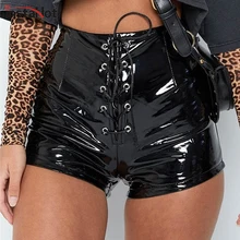 InstaHot Lace Up Elastic Waist Pu Leather Shorts Summer Black Red Sexy Fashion Tie Up Shorts Streetwear Club Clothing Lady