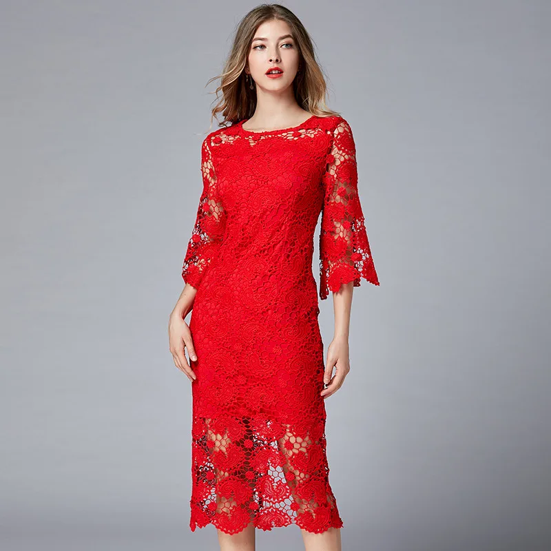 

Plus Size Hollow Out Lace 3/4 Sleeve Tunic Pencil Dress Women Elegant Vintage Sexy Office Party Fashion Dress Lady Clothing