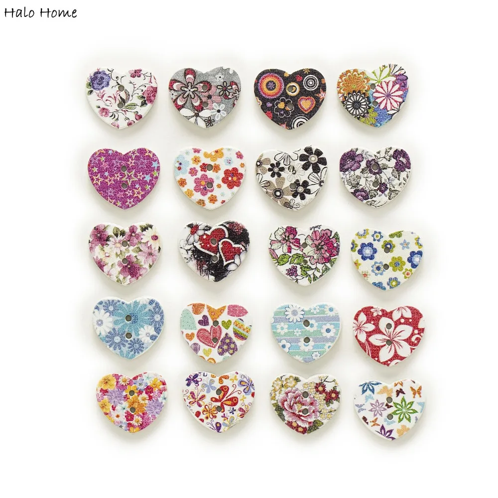 

50pcs 2 Hole Heart Flowers Wood Buttons Decor Home Clothing Sewing Scrapbooking 17mm