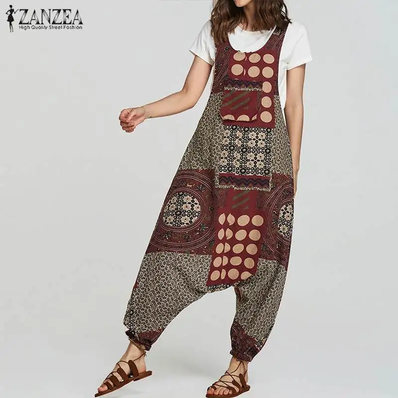 Плюс размер комбинезона Женские карго комбинезоны 2019 ZANZEA винтажный принт комбинезон для женщин льняные брюки передние карманы Macacao Feminino