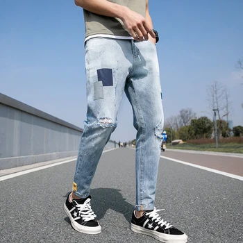 

2019 Men's Stretch Slim Fit Skinny Holes Mens Jeans Tide Casual Pants Fashion Trend Male Biker Denim Blue Color Trousers 28-38