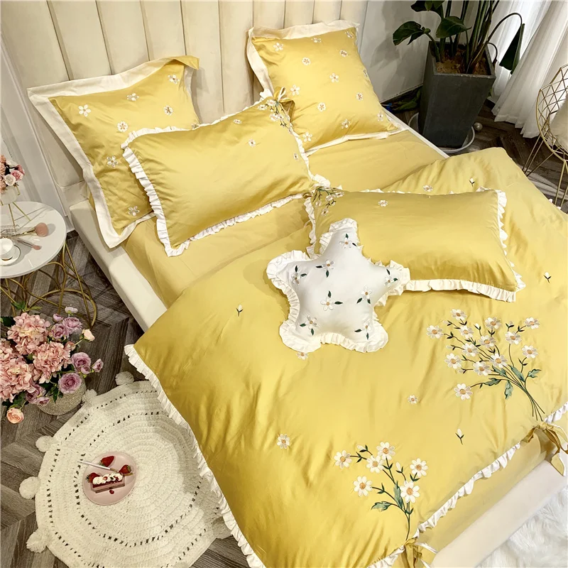 الفاخرة مصر القطن رومانسية العطر طقم سرير التطريز الكشكشة طقم أغطية لحاف غطاء سرير الملكة الملك حجم 4/6/7 قطعة