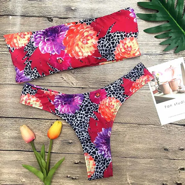 Buy 2018 Sexy Swimsuit Bandeau Bikini Set Parrot Print