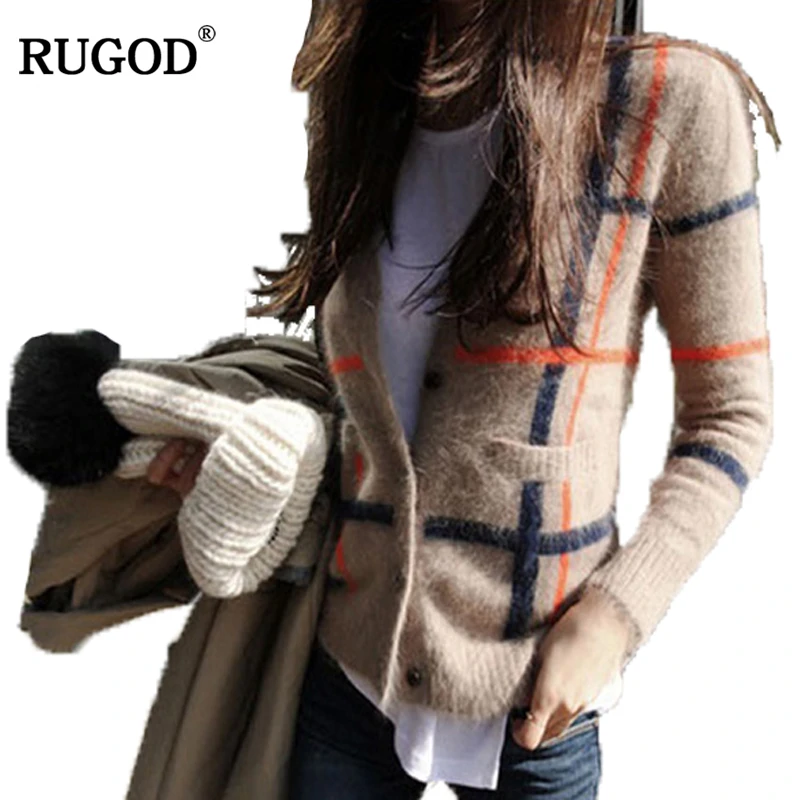 Модный женский деловой свитер RUGOD 2019 в английскую клетку с карманами базовый