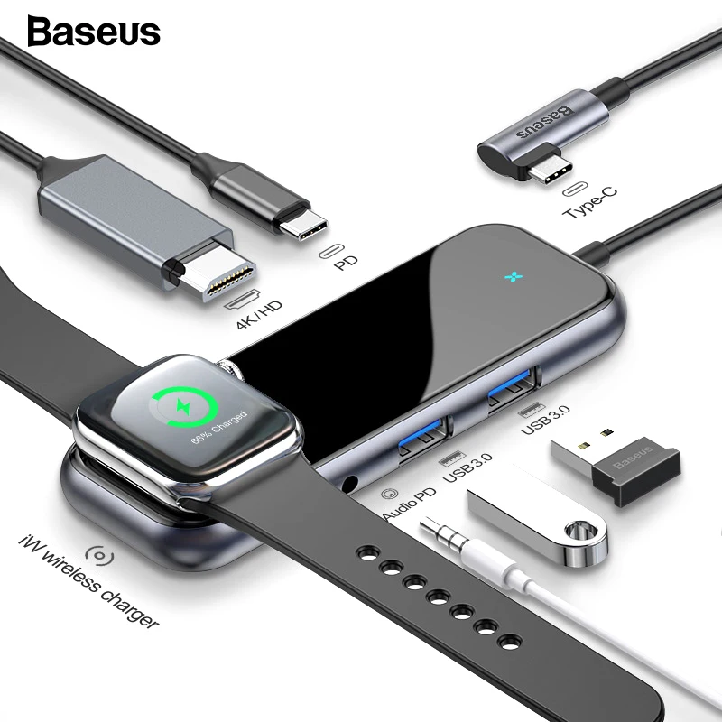 Скидка Baseus USB C Тип C концентратор HDMI RJ45 Мульти USB 3,0 адаптер для MacBook Pro Air док станция USB C концентратор с Беспроводной Зарядное устройство для наручны...