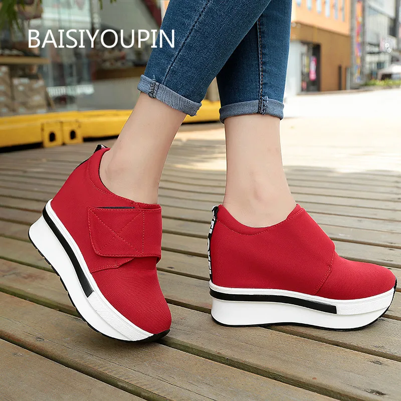 

New Casual Solid Women Shoes Internal Heightening Wedges Thick Bottom Round Toe Cloth Lace Up Non-slip Student Female Shoes
