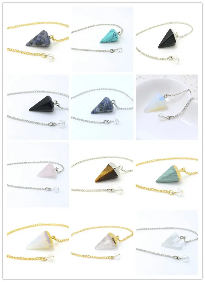 

Natural cone Clear Quartz Crystal Point and Heart Chakra Stone Chain Pendulum