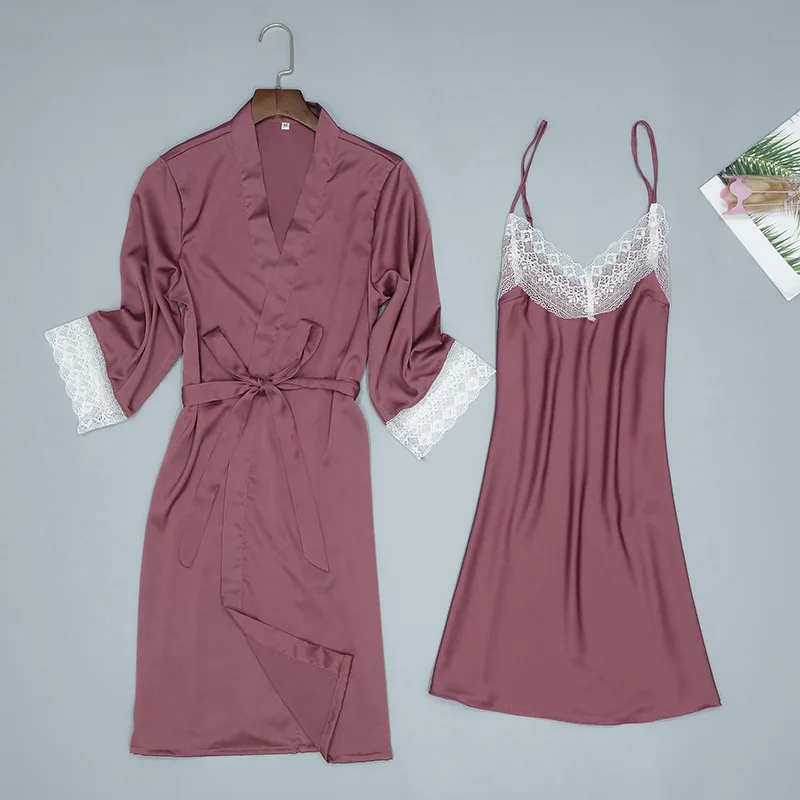 

Casual Female Summer Night Robe Sleepwear Sets Sexy Woman 2PC Strap Top Suit Pajamas Home Wear Nightwear Sleep Kimono Bath Gown