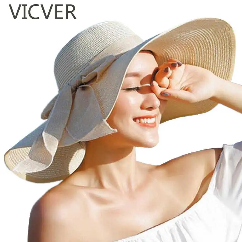 

Summer Women Hat With Large Brim Straw Hats Bowknot Floppy Foldable Sun Cap Fashion UV Sunscreen Beach Caps Female Casual Hats