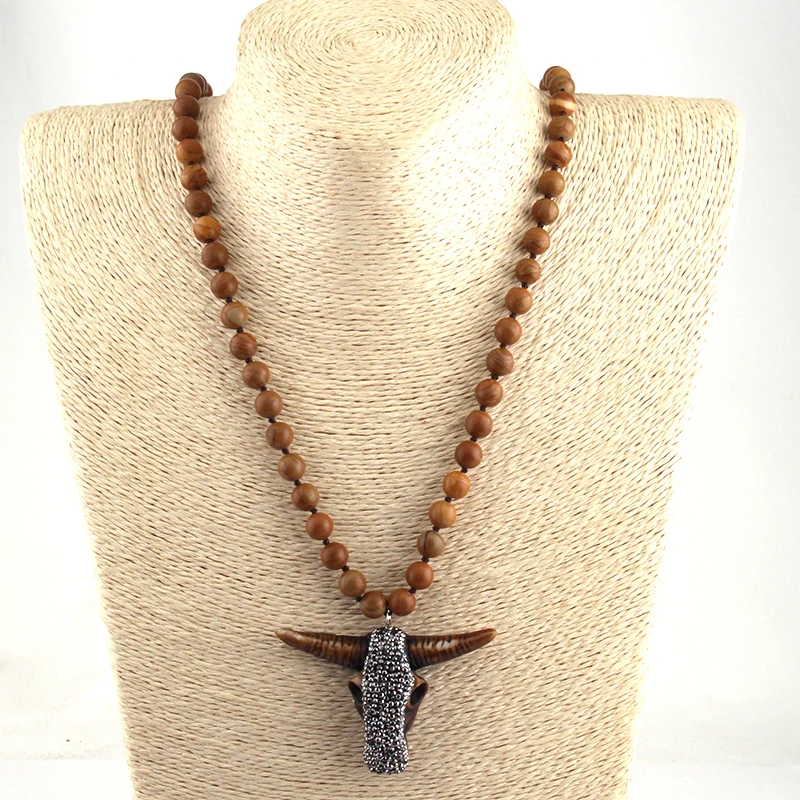 Women Necklace Fashion Long Knotted Stones Bohemian Tribal Jewelry Natural Stone Brown Skull Head Pendant Necklace
