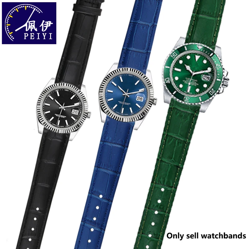 

PEIYI Watch Band Genuine Leather Strap 20mm Watch Accessories High Quality Green Colors Watchbands replace for Submariner Series