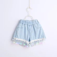 Рваные джинсовые шорты с кружевами для маленьких девочек,, много оптом, одежда для детей, летние популярные штаны для девочек, рваные шорты с жемчужинами и кисточками