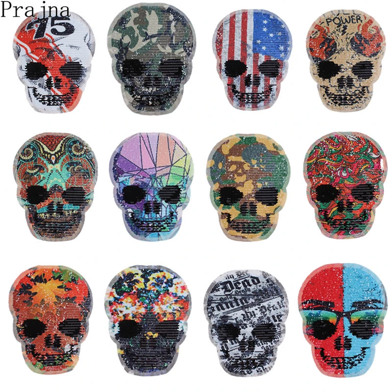 Reversible Sequin Skull Embroidery Applique Patch for Jeans Jacket Iron On 